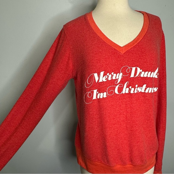 Wildfox Red V-Neck Pullover “Merry Drunk I’m Christmas” Sweatshirt Size S - Picture 3 of 10